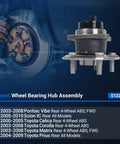 Rear Wheel Bearing Hub Assembly 512217 Fits Toyota Corolla 2003 2008 Prius 2004 2009 Celica 2000 2005 Matrix 2003 2008 Scion tC 2005 2010 Pontiac Vibe 2003 2008 ABS Models Only 5 Lug Flange 135mm image showing hub fitment chart and assembly details