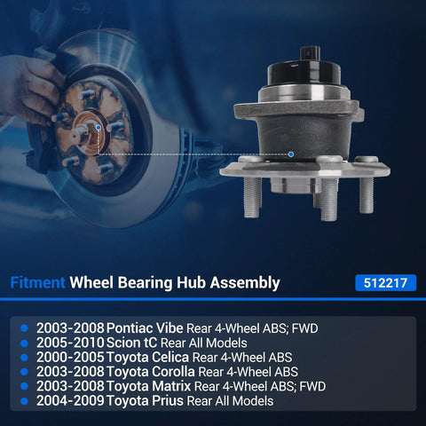 Rear Wheel Bearing Hub Assembly 512217 Fits Toyota Corolla 2003 2008 Prius 2004 2009 Celica 2000 2005 Matrix 2003 2008 Scion tC 2005 2010 Pontiac Vibe 2003 2008 ABS Models Only 5 Lug Flange 135mm image showing hub fitment chart and assembly details