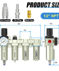 Diagram of heavy duty four stage air drying system with auto drain coalescing and particulate filters, double desiccant dryer, air regulator, 1/2 NPT size