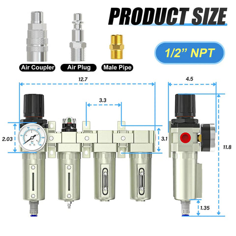 Diagram of heavy duty four stage air drying system with auto drain coalescing and particulate filters, double desiccant dryer, air regulator, 1/2 NPT size
