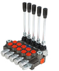 Five-spool hydraulic directional control valve with black lever handles and red SAE port caps.
