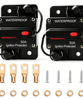 Kickass Heavy Duty 50 Amp Circuit Breaker For Boats And RVs With Manual Reset And Emergency Stop Switch IP54 Water Resistant Housing, showing two circuit breakers with hardware.