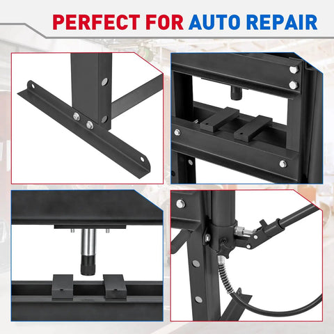 10-Ton Hydraulic Shop Press With Gauge And Press Plates, H-Frame Garage Hydraulic Press for auto repairs, close-up view
