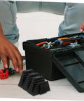 Modular Wrench Organizer Rack 12-Piece Plastic Tool Storage Tray next to toolbox with tools for efficient garage organization.
