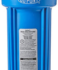 Whole House Water Filtration System For Fifteen Thousand Gallon Capacity With Three Quarters Inch Inlet And Outlet Universal Five Hundred Series Poly Block Cartridge Improves Clarity And Taste At The Kitchen Faucet Blue Three Year Warranty blue filter front view