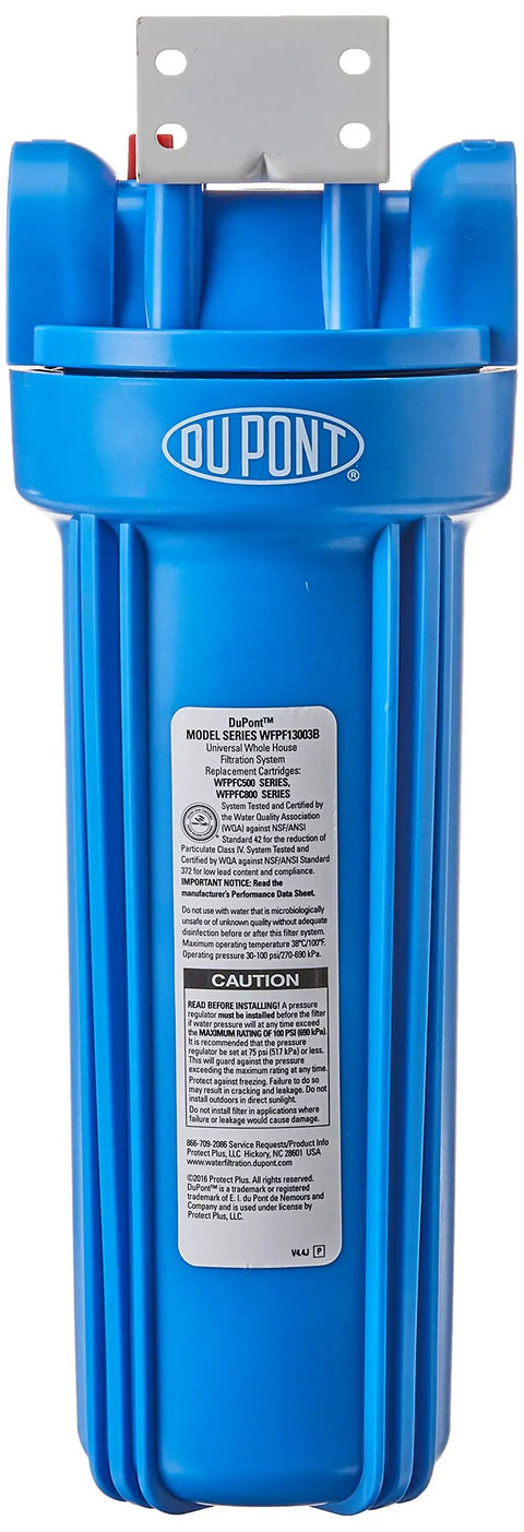Whole House Water Filtration System For Fifteen Thousand Gallon Capacity With Three Quarters Inch Inlet And Outlet Universal Five Hundred Series Poly Block Cartridge Improves Clarity And Taste At The Kitchen Faucet Blue Three Year Warranty blue filter front view