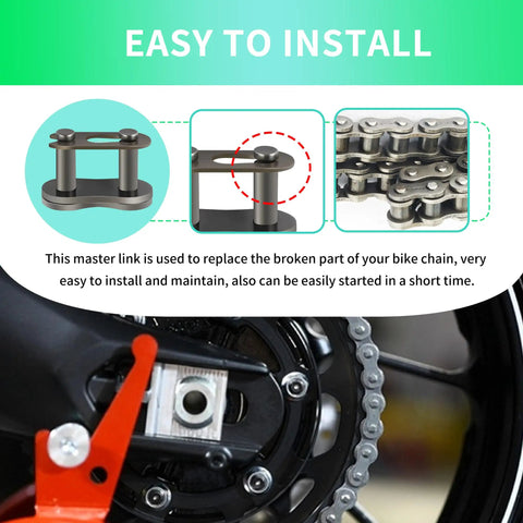 Heavy Duty 420 Chain Master Link With Quiet Roller Design For Smooth Motorcycle And Dirt Bike Drivetrains, easy installation guide.