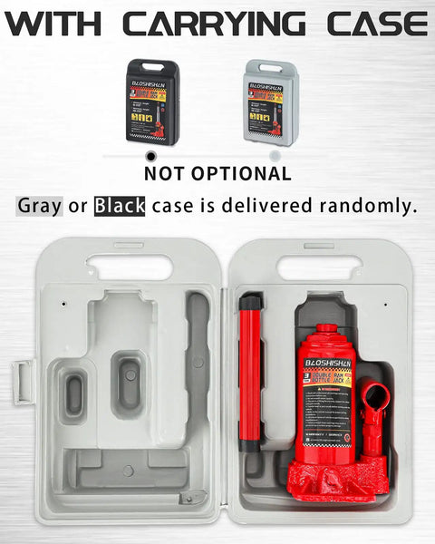 3 Ton Double Ram Bottle Jack With Extended Lift Range From 6.5 To 16.5 Inches in gray carrying case