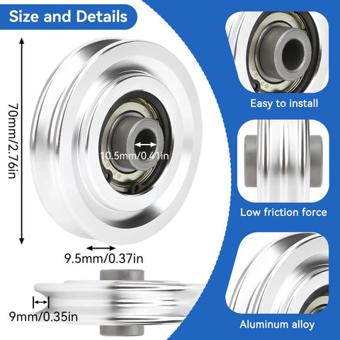 Aluminum Pulley Wheels For Cable Machines, 2 Pack Universal Bearing Wheels For Home Gym Attachments, 70mm Bore, Smooth Glide, Easy Swap, Durable Alloy Construction For Quiet, Reliable Workouts. Size details and bore view
