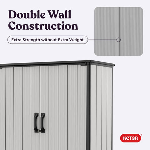 Tall Resin Outdoor Storage Shed For Backyards, Weatherproof 62 Cu Ft Capacity with double wall construction detail