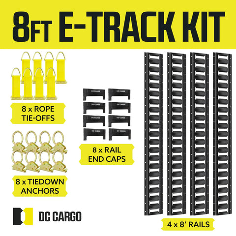 E Track Rail Tie Down Kit 28 Piece Set With 8 Foot Rails End Caps Rope Tie Offs And O Ring Anchors Heavy Duty Cargo Securing System For Trucks Vans And Trailers, 4x8 ft rails