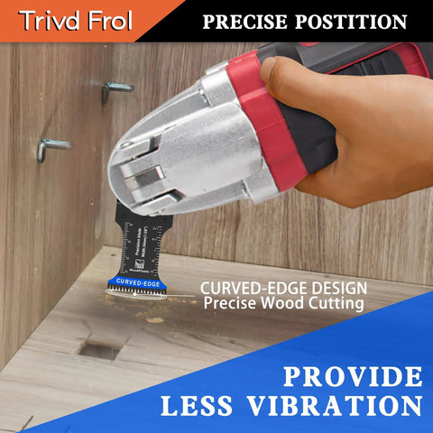 Badass 20 Piece Pack Curved Edge Oscillating Saw Blades Featuring Japanese Steel Teeth cutting wood with precision and minimal vibration.