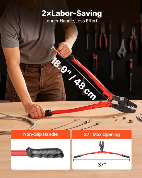 Heavy Duty Hand Swager Crimper 2 In 1 Tool with 24 Inch Handle, shown on workbench with measurement detail.