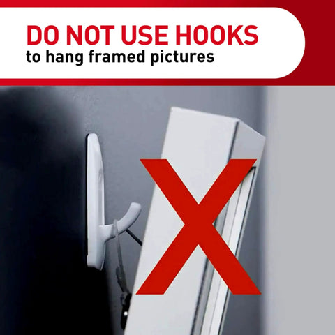 Image showing a large utility hook misused to hang a frame with a red cross overlay. 5 Pound Large Utility Hooks Kit With 14 Hangers And 16 Adhesive Strips Damage Free Wall Mounts With No Tools Needed Ideal For Home Kitchen And Office Organization notice.
