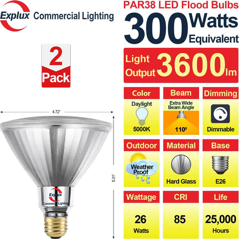 Commercial lighting 300 Watt Equivalent PAR38 LED Flood Light Bulbs Ultra Bright 3600 Lumens Dimmable with specs listed