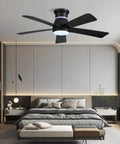 Dope 46 Inch Black Ceiling Fan With LED Lights And RGB Color Changing installed in modern bedroom, low profile design.