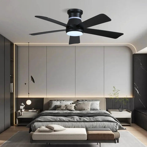Dope 46 Inch Black Ceiling Fan With LED Lights And RGB Color Changing installed in modern bedroom, low profile design.