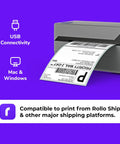 No Sweat Usb Shipping Label Printer Commercial Grade 4x6 Thermal prints shipping label with clear barcode on purple background.