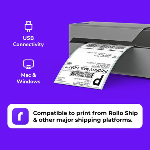 No Sweat Usb Shipping Label Printer Commercial Grade 4x6 Thermal prints shipping label with clear barcode on purple background.