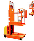 Fully Electric Self-Propelled Order Picker Lift Truck With 661 Lbs Capacity drivable stock picker in orange with elevating platform.