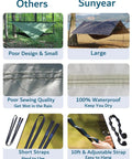 Comparison of All In One Camping Hammock Kit with rain fly tarp netting and waterproof bundle showing size, quality, and strap differences