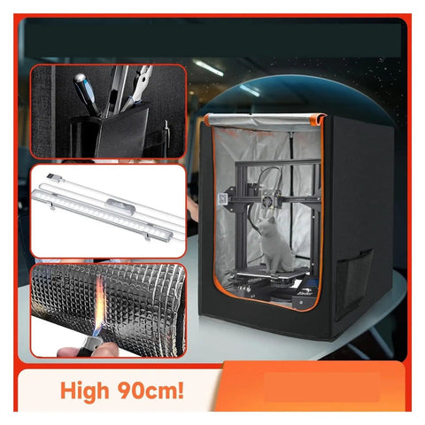 3D Printer Enclosure With LED Light, Fireproof And Dustproof, showing interior LED, tools pocket, and fireproof material test