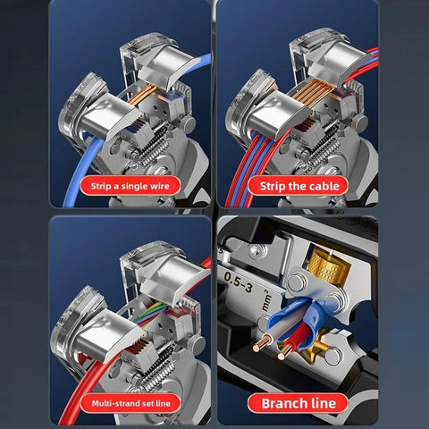Heavy Duty Wire Stripper Tool With Comfortable Grip Pliers For Peeling And Crimping, showcasing various stripping functions.