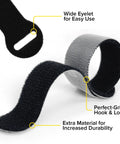 Self-Gripping Cable Ties Set, Multi-Color 40 Pack, Reusable Hook And Loop Cable Wraps For Cord Management, detailed view showing wide eyelet, perfect-grip hook & loop, and extra material.