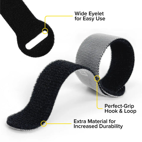Self-Gripping Cable Ties Set, Multi-Color 40 Pack, Reusable Hook And Loop Cable Wraps For Cord Management, detailed view showing wide eyelet, perfect-grip hook & loop, and extra material.