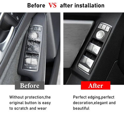 Before and after installation of Mercedes Benz Window Switch Button Trim Covers Replacement Kit 14 Piece Fits A B C E G GLA CLA GLK ML GLE Class W204 W212 W246 W166 X166 X204 And Tesla Model X S.