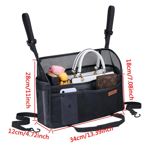 Car Net Pocket Organizer Between Seats For Handbags And Purses Grab And Go Back Seat Storage Barrier with size dimensions shown