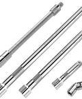 Five Piece Three Eighths Inch Drive Extension Bar Set Including Three Six And Ten Inch Extensions Universal Joint Socket Flexible Socket