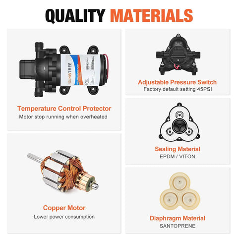 Quality materials of 12V RV Water Diaphragm Pump With Auto On Off Switch Self Priming 3.5 GPM At 45 PSI Fresh Water Pressure Pump
