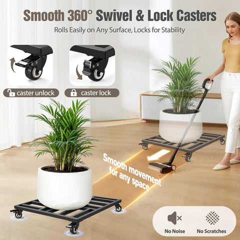 22 Inch Heavy Duty Plant Caddy With Four Wheel Rolling Metal Stand 600 Pound Capacity Square Plant Dolly With Lockable Casters