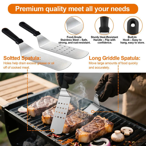 42 Piece Griddle Accessories Kit For Blackstone And Camp Chef Pro Flat Top Grilling Tools Set with spatulas in use on grill
