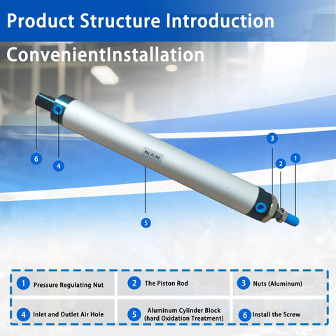Mini Pneumatic Cylinder 32mm Bore 200mm Stroke Aluminum Double Acting Single Rod Actuator MAL32x200 with parts labeled