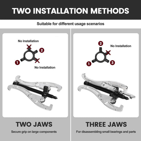 Beast Mode Heavy Duty 3 Jaw Gear Puller Set With Reversible Jaws For Pulley Bearing Flywheel Removal, dual jaw installation methods shown