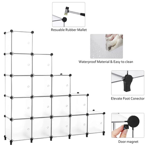 Sixteen Cube Modular Storage Organizer With Doors DIY Book Shelf Cubbies Cabinet for living room with assembly tools shown