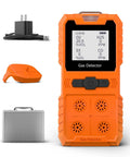 Portable 4 Gas Detector For LEL O2 CO H2S With LCD Display And Rechargeable Battery, shown with charger, case, and clip