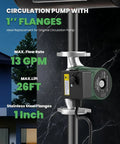 Built Tough 110V Hot Water Recirculating Pump With Rust Proof Stainless Steel Housing And Triple Speed Switches For Home Boilers Plus Radiant Heating, showing 1 inch flanges and control button.