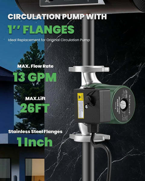 Built Tough 110V Hot Water Recirculating Pump With Rust Proof Stainless Steel Housing And Triple Speed Switches For Home Boilers Plus Radiant Heating, showing 1 inch flanges and control button.