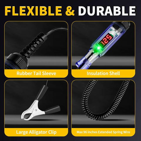 Pro Grade DC Voltage Tester Pen With LED Display 3 To 120V Range Auto Bidirectional Testing Handy Car Battery Polarity And Continuity Check Fuse Diagnostic Tool For Auto Electricals, flexible rubber tail sleeve and alligator clip