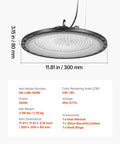 Diagram of 10 Pack LED High Bay Lights 150W 21000LM with dimensions and specifications, UFO design.