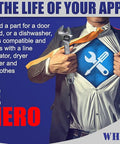 Person in superhero costume revealing a tool logo on chest, promoting appliance parts. Text reads 'Be the DIY Hero' by Whole Parts.