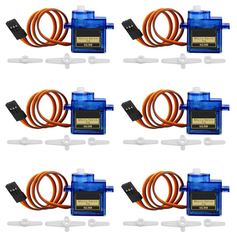Six Pack SG90 9G Micro Servo Motors For RC Planes Helicopters Boats And Cars MG90S Compatible shown in rows