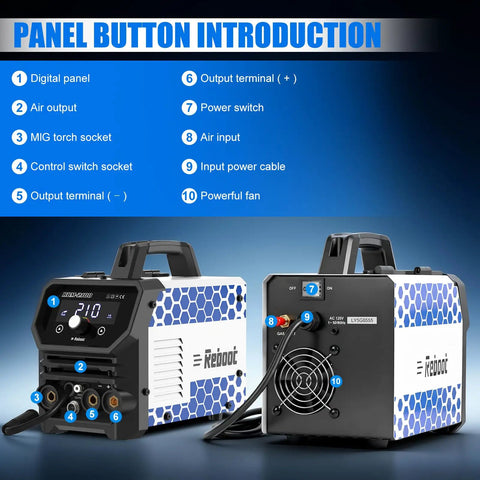 Garage Ready 210A 4 In 1 Mig Tig Stick Welder 120V Gas Or Gasless Flux Core Mig Lift Tig IGBT Inverter with panel buttons