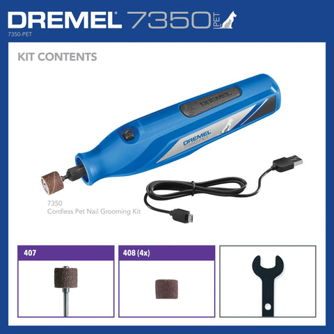 Low Key Quiet Pet Nail Grinder For Dogs And Cats Easy Peasy Paw Trimmer showing cordless nail tool with USB charger and accessories.