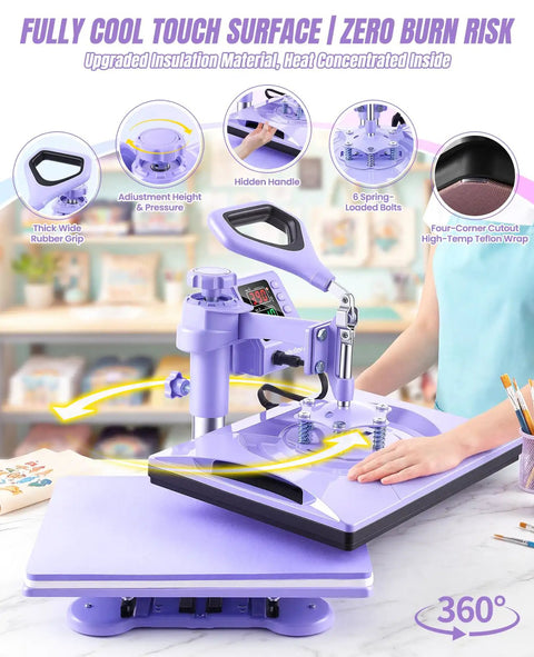 8 in 1 Heat Press Machine With Swing Away 12x15 Inch Shirt Press For Sublimation And Heat Transfer, purple design