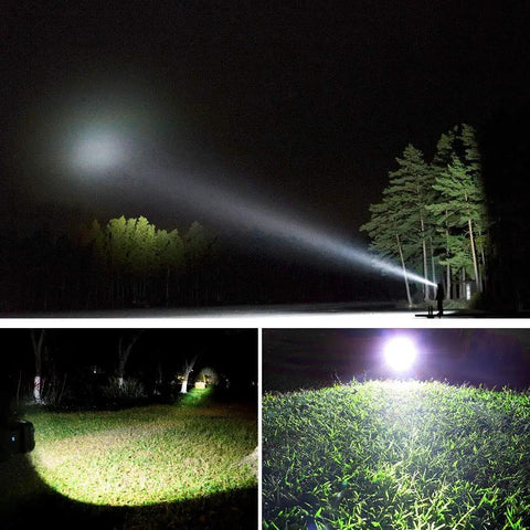Beast Mode Brightness Rechargeable Flashlight with USB Power Bank illuminating outdoor scenes with powerful LED beams.