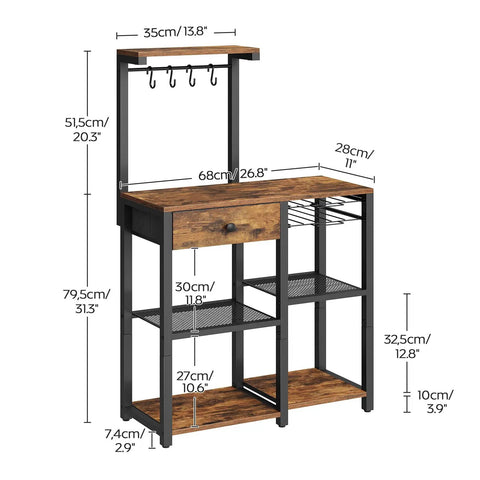 Rustic Brown Five Tier Bakers Rack With Storage And Pod Drawer Holder Dope Coffee Bar Station dimensions shown